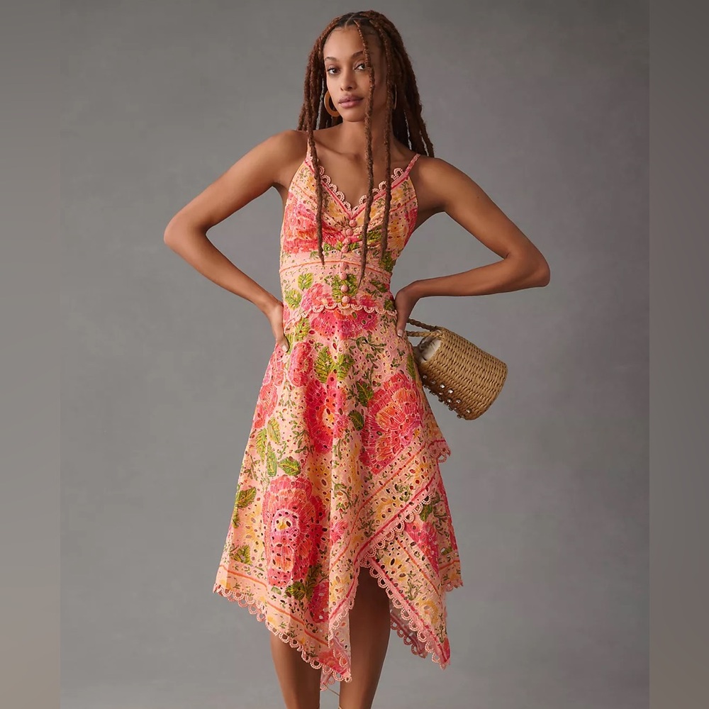 Farm Rio Blooming Floral Print Eyelet Cotton Midi Dress Multicolor Medium